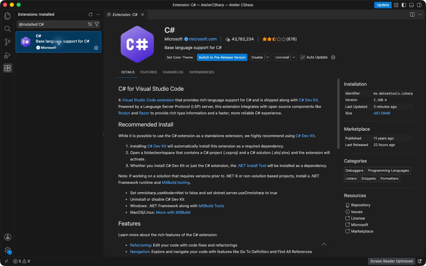 Extensia C# de la Microsoft este instalată în profilul Atelier CSharp din Visual Studio Code.