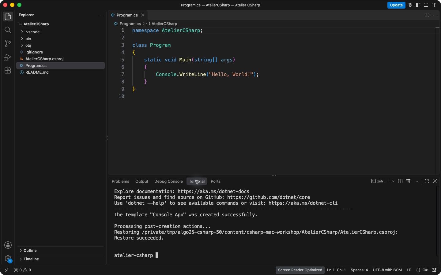 Explorer afișează proiectul AtelierCSharp și Program.cs, iar terminalul confirmă crearea proiectului și Restore succeeded.