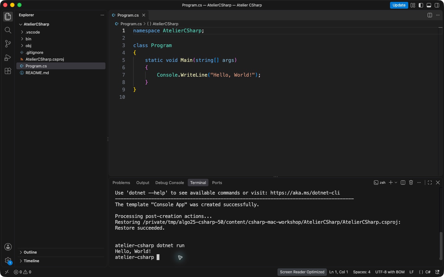 Program.cs conține Console.WriteLine cu Hello, World!, iar terminalul afișează același mesaj după dotnet run.
