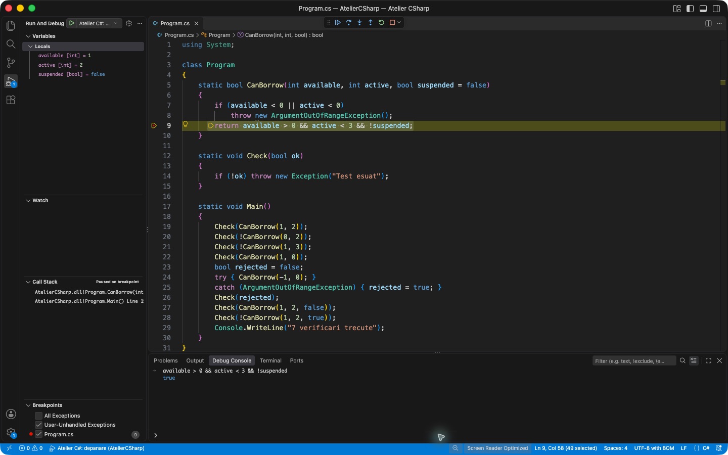 Debuggerul este oprit la linia 9; Locals arată available 1, active 2 și suspended false, iar expresia evaluată în Debug Console este true.