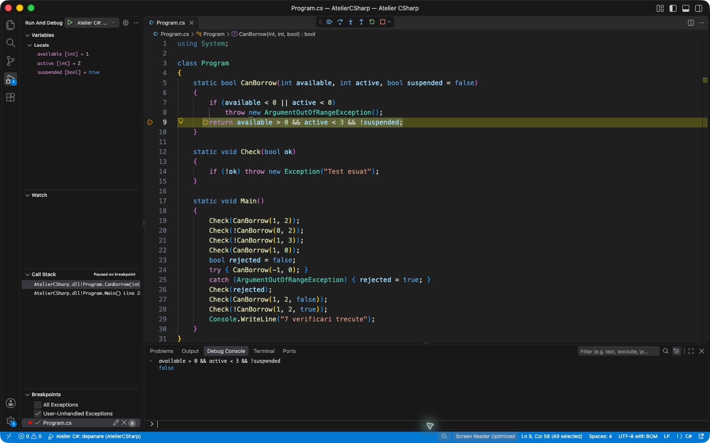 Locals arată available 1, active 2 și suspended true; aceeași expresie din Debug Console produce false.